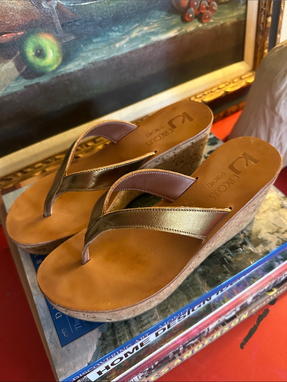 K.Jacques Metallic Gold Cork Platform Wedge Thong Sandals - Picture 3 of 6